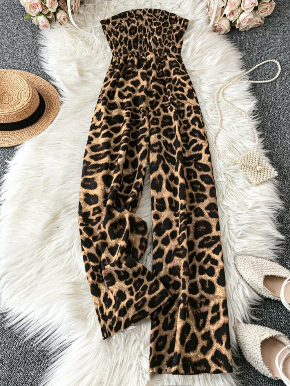 Multicolor Casual Women's Leopard Print Strapless One-Piece Jumpsuit